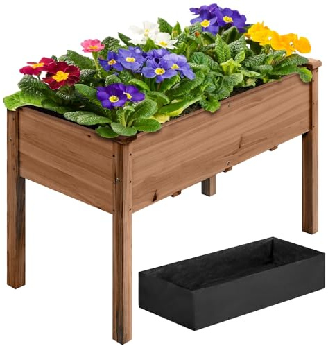 Yaheetech Huerto Urbano Macetero Rectangular Jardinera Madera de Pino con Soporte Estantería para Macetas Plantas Elevado para Cultivar Plantas Verduras Flores Hierbas 121 x 60 x 76 cm Marrón Oscuro