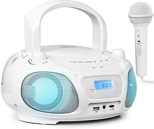 Auna Radio Portatil Pequeña con CD para Casa de 3W, Boombox FM+ Radio con Bluetooth + AUX Sonido Estéreo, Pantalla LED y Luces, con Asa, Transistores Radio Digital con USB, MP3, Carga Eléctrica