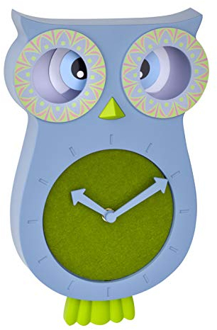 TFA Dostmann orologio da parete per bambini WILLY, 60.3052.06, orologio a pendolo a bassa rumorosità, a forma di gufo, ideale per la camera dei bambini, blu