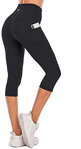 Steppe Naked Feeling Leggings Yoga Capri da Donna a Vita Alta, Leggings da Allenamento con Tasche, Controllo della Pancia, Capri da Corsa a Compressione per Sport, Nero-L