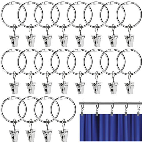 YIXISI 20 Piezas Anillos de Cortina con Clips, 32mm de Diámetro Interior Argollas para Cortinas con Pinza, ​Clips de Cortina Anillos Decorativos de Metal, para Cortinas y Barras (Plata)