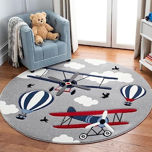 Sedefen Teppich Rund 80cm Kinderzimmer Jungen Flugzeug Grau Kinderteppich Waschmaschinenfest rutschfest Flauschig Teppich für Schlafzimmer Wohnzimmer
