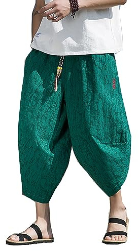 Seidarise Men's Japanese Kimono Traditonal Beach Pants Linen Capri Summer Harem Pants Wide Leg Cropped Pant