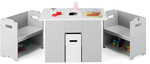 DREAMADE Kindertisch mit 2 Stühlen, 4-in-1 Kindertisch mit Stauraum, Kinder Tisch Stuhl Set, 3 TLG. Kindersitzgruppe aus Holz für Kinder ab 3 Jahren, Grau + Weiß