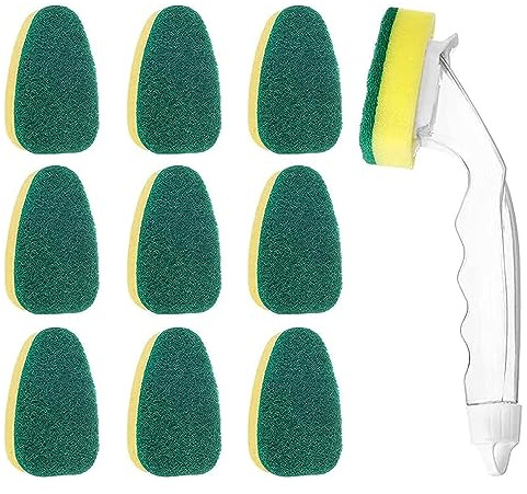 JOYOLA Rengöring svamp disksvamp med handtag disksvamp med handtag disksvamp diskborstar med handtag diskbänk rengöring borste inkluderar 1 diskmaskinstång och 9 reservhuvuden för skivvägg