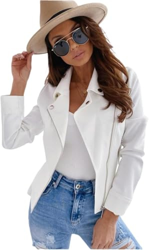 Youning Veste Femme Courte Veste de Transition Moto Veste de Biker Automne Printemps Légère Veste d'Été Col Retourné Manches Longues Boyfriend Veste Courte avec Fermeture Éclair, Blanc., L
