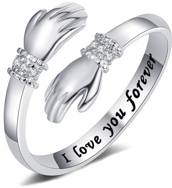 Yifnny Hug Ring, Engraved Words Hugging Hands Open Ring Adjustable Ring Couple Women Mens Rings Friendship Mothers Day Jewelry Gifts (I love you forever)