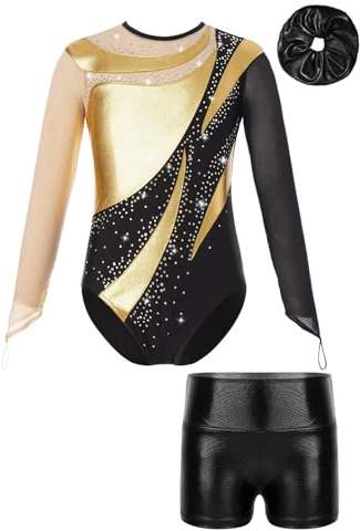 ranrann Enfant Fille Justaucorps Gymnastique Strass avec Short Ensemble Danse Gym Tenue Costume Spectacle 3-16 Ans A Or 5-6 ans