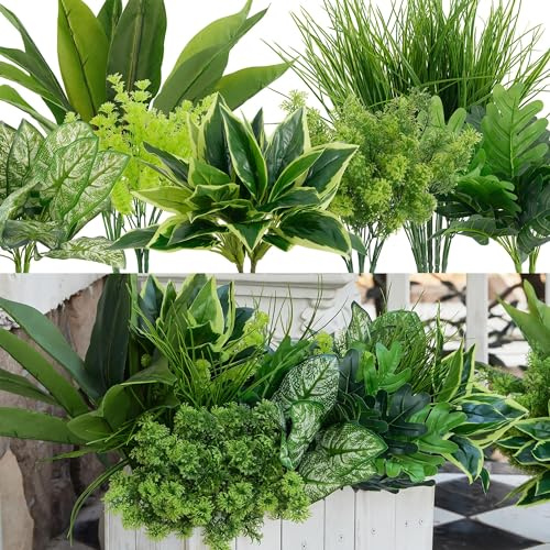 Clycaloor 18Pcs Outdoor Artificial Boxwood UV Resistant Fake Stems Plants, Faux Plastic Greenery for Indoor Outside Hanging Plants Garden Porch Window Box Home Wedding Farmhouse Décor