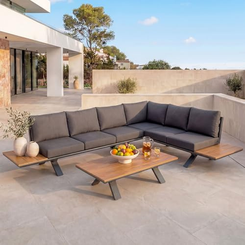 Mendler Aluminium Garten-Garnitur HWC-M62, Sitzgruppe Garten-/Lounge-Set Sofa, Holzoptik - Gestell anthrazit, Polster dunkelgrau