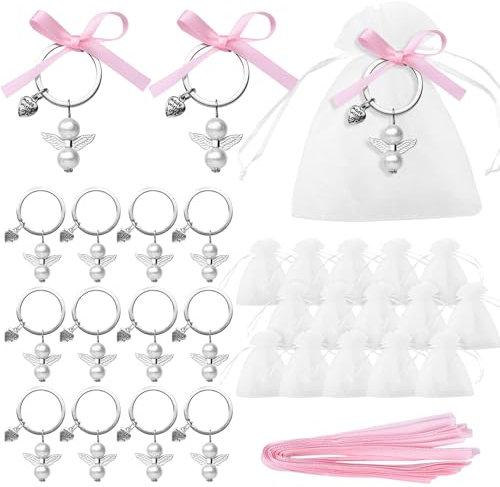 VGOODALL 20 Stück Schutzengel Anhänger, Weiß Perlglanz Engelsanhänger mit Organzabeutel Bänder Kleinen Engelchen für Hochzeit Taufe Weihnachten Geburtstag Konfirmation Geschenk glücksbringer