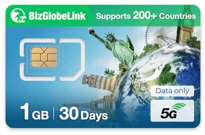 EIOTCLUB BizGlobeLink - Tarjeta SIM prepaga para viajes, uso internacional en 200 países, solo datos, 5G/4G LTE, sin contrato, recargable, para teléfonos móviles, routers wifi y tabletas