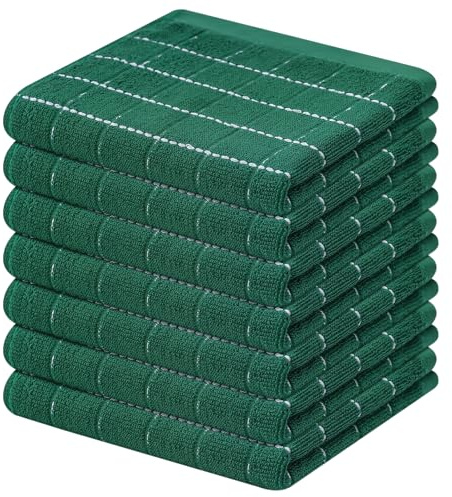 Mordimy Paños de cocina de rizo 100% algodón, suaves y absorbentes, trapos de cocina a cuadros, trapos de secado rápido para lavar platos, paquete de 8, 30,5 x 30,5 cm, verde oscuro