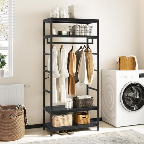 YITAHOME Coat Rack, Tall Hall Tree, Industrial Coat Rack Stand with with 4 Shelves, Floorstanding Clothes Rail with Shoe Storage, Garment Rack for Hallway, Living Room, Black