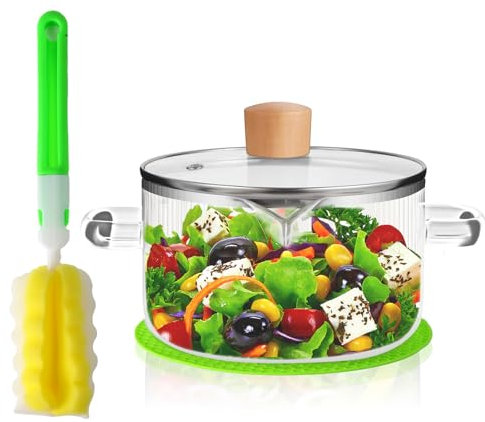Glass Cooking Pot with Lid, 60.8OZ Simmer Pot with Spout Heat Resistant Glass Saucepan Borosilicate Stovetop Cooking Pot with Cover Handle Cookware Pot for Pasta, Noodles, Soup, Cereals, Fruit