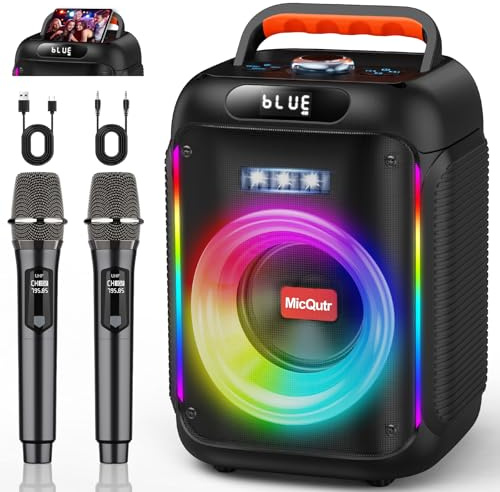 Karaoke-Maschine mit 2 Mikrofonen für erwachsene Kinder, Bluetooth-Caraoke-Lautsprecher mit Bass/Höhenverstellung, PA-System mit Fernbedienung/LED-Lichter, unterstützt REC/USB/AUX (dunkelschwarz)
