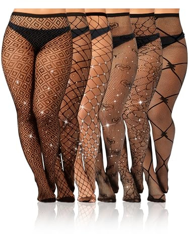 Geyoga 6 Paia Collant a Rete Taglie Forti Calze a Rete Nere a Vita Alta con Strass da Donna(L-XL)