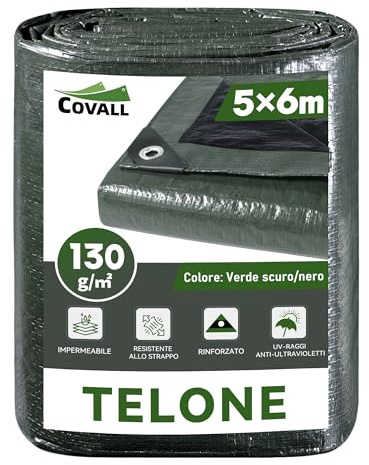 COVALL Telo Telone 5x6m telo impermeabile esterno 130g/m² plastica Tenda Anti UV Copertura Esterna Piscina Tetto Sabbiera Barca RV Auto Copertura Protettiva (Verde scuro/nero)