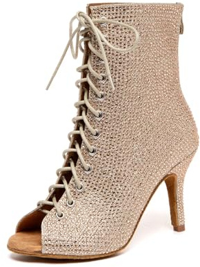 GYUBL Botas de Baile Latino Mujer Tacón Alto con Cordones Botines de Baile de Salsa Bachata Tango Práctica de Salon,L664-Oro-7cm,EU34