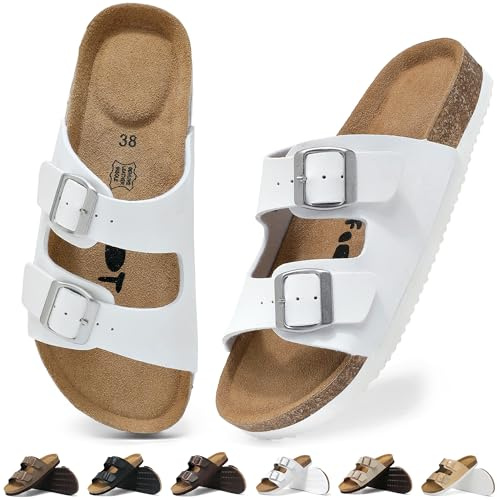 Wizshoe Pantufas Mujer Sandalias Chanclo Corcho Cuero Blanco mate 38EU