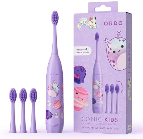 ORDO Squishmallows Kids Electric Toothbrush, 4 Brush Heads, Daxxon | Squishmallow sonic kids electric toothbrush, 4 toothbrush heads, ages 4+, soft bristles, battery included