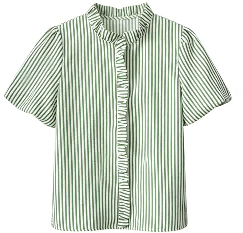 Damblus med röda ränder, volangblus damer med ståkrage puffärmar skjorta sommar, Grön, XL