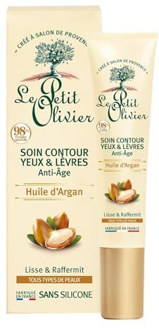 LE PETIT OLIVIER - Soin Contour Des Yeux & Lèvres Anti-Âge - Huile d'Argan - Lisse & Raffermit - Tous Types De Peaux - 98% D'Origine Naturelle - Sans Silicone - Fabriqué en France - 15 ml