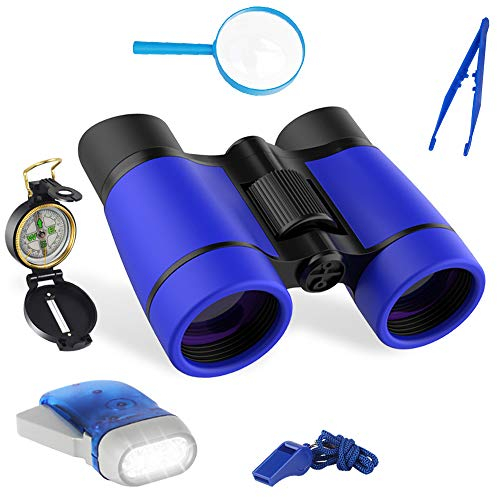 Jumelles Enfant, Binoculars Enfant 6 en 1, Kit jumelle Enfant, Set Jumelles pour Enfants avec Boussole Loupe, Kit Exploration découverte en Plein air Cadeau Enfant Educatif de Camping et Randonnée
