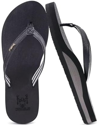 KuaiLu Womens Arch Support Flip Flops Comfortable Yoga Mat Slip on Leather Walking Thong Cushion Sandals Summer Beach Orthotic Slides Travel Essentials Indoor Outdoor Slippers Shoes Black Size 8