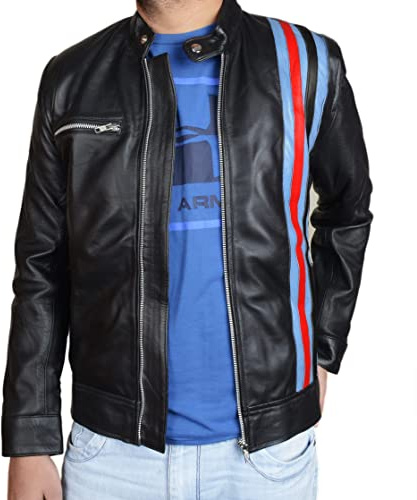 Eddie Brock Venom 2 Tom Hardy Veste de motard en cuir véritable pour homme Rayures rouges et bleues, Noir , XL