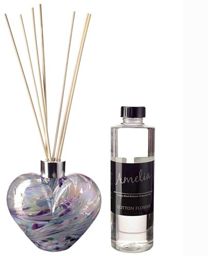 Amelia Art Glass Reed Diffuser Heart Gift Set - Purple, Blue & Pink with Sweet Pea Fragrance, Height 11.5cm, width 12cm with reeds 25cm
