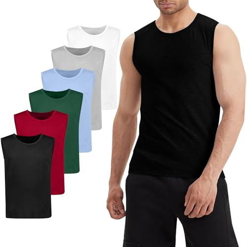 LiKing Camiseta sin Mangas para Hombre,100% algodón, Pack de 6 Camisetas de Tirantes para Hombre,sin Mangas, con Cuello Redondo,elástica para Gimnasio Camiseta de Ocio UN L
