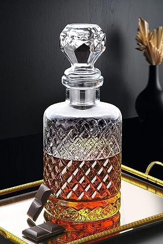 Jarra con tapa de vidrio, jarra de servicio de whisky hecha a mano, botella de licor, barra de bebidas para el hogar, jarra de cristal, jarra de agua, serie especial atemporal (1250 ml) (Diamante-Top)
