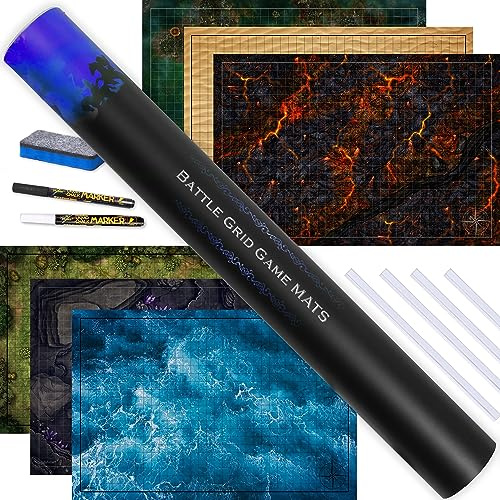 Tidyboss DND Expansion Pack | 3 X Double Sides 24x 36 Game Grid Mat | 6 Terrains with Lava, Sea, Forest, Cave, Swamp and Desert | Includes 2 x Dry Erase Markers, Eraser and Clips