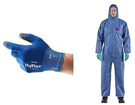 HyFlex 11-618 Dünne Arbeitshandschuhe, Schutzhandschuhe für Präzise Arbeiten, Mechanik Einweg-Schutzanzug mit Kapuze, Blau, Größe XL (12 Paar) + AlphaTec 1500 Model 138 Blau, Größe XL (1 Stück)