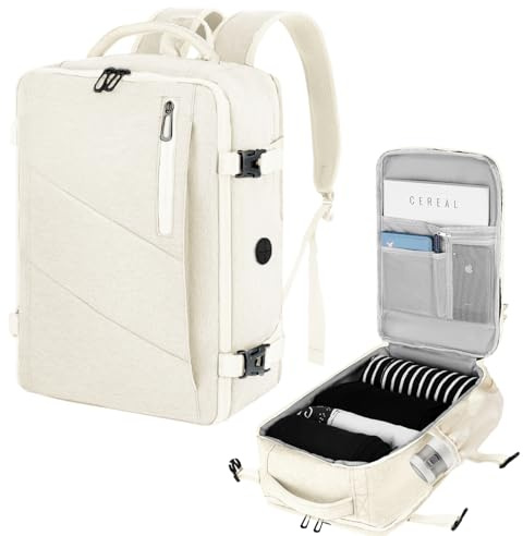 VOESLD Mochila Viaje Cabina Avion 45x36x20 para Easyjet, Mochila de Viaje Hombre Mujer Beige Mochila Portatil Mochila Ordenador Bolsa de Viaje con Puerto USB, 32L