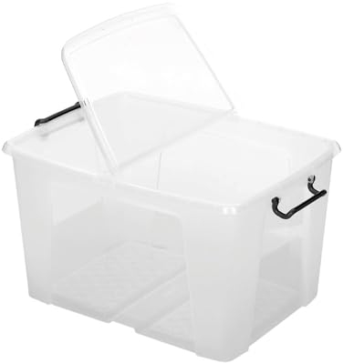 TENLITE Heavy Duty Clear 65L Smart Storemaster Clip-On Folding Lid Stackable Storage Box with Carry Handles 61cm x 46cm x 34.5cm (65 Litre)