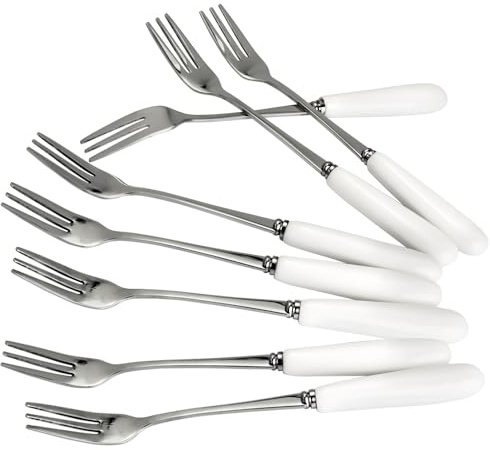MEIYAHOME Fine Dessert Forks 18-10 Stainless Steel Fruit Forks (Creative White Ceramic Handle), 3-Tine, 6 inch, 8 Pcs