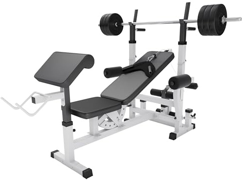 GORILLA SPORTS®Hantelbank mit Gewichten - 170 cm Hantelstange, 40/70/100 kg Hantelset, Beincurler, Butterfly, Dip-station, Curlpult - Trainingsbank, Fitnessstation, Kraftstation mit Langhantel