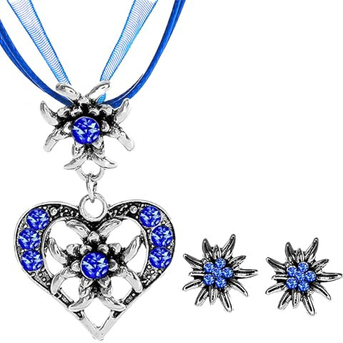 APMGONT 3 Stück Bayerisch Dirndlschmuck Set für Damen, Trachtenkette mit Strass Edelweiß Herz Anhänger Edelweiß Ohrstecker Trachtenschmuck Set für Oktoberfest Bierfest Dirndl (Blau)