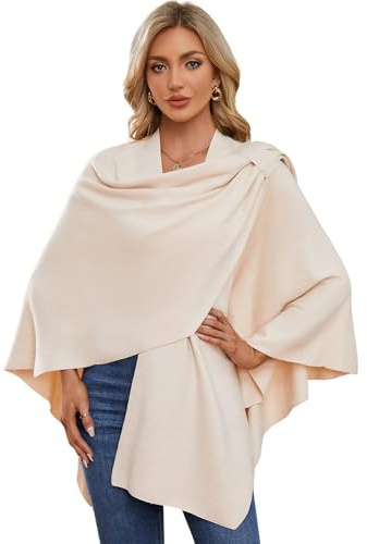PULI Womens Poncho Shawl Wrap Finely Draped Knitted Cape Cardigan Cross Front Scarf beige