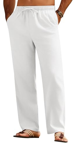 COOFANDY Pantalones Largos de Hombre para Verano, Algodón y Lino, Transpirables y Cómodos, Estilo Casual, Color Sólido, para Playa, Hogar y Uso Diario Blanco XXL