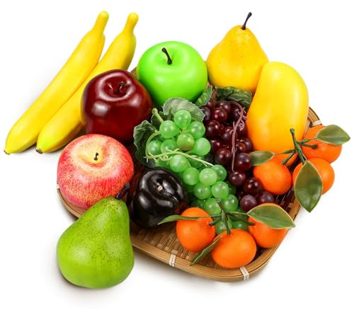 Lorigun 13 Pcs Artificial Fruits Pack, Fake Fruit Decoration Realistic Faux Fruits for Party Chirstmas Decortion, Artificial Apples Fake Oranges Grapes Decortion Prop