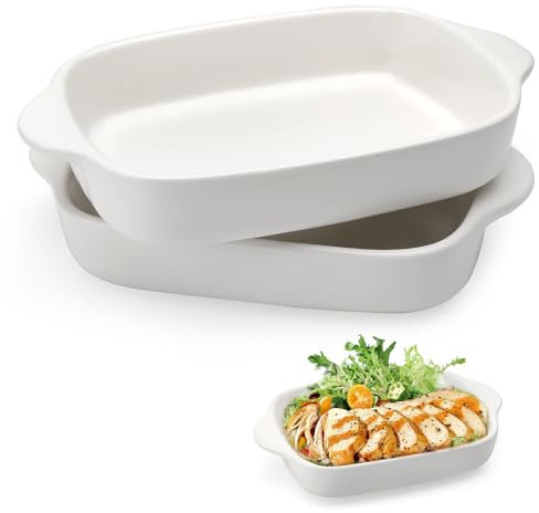 2 pirofile in ceramica, per lasagna, 23,2 x 14,2 x 4,5 cm, rettangolari, piccole pirofile, con manico, in ceramica, rettangolari, per lasagne, tiramisù e casseruola (bianco)