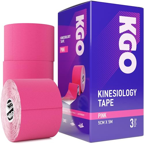 KGO Kinesiology Tape, Sports Elastic Tape for Muscle and Joint Support, Kinesio Tape, K Tape, Physio Tape, 5cm x 5m (Pink, 5cm x 5m (Box of 3))