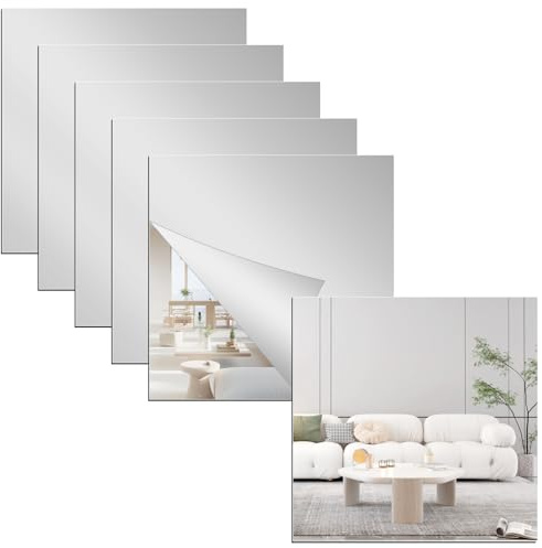 QEEYON 6 st flexibla spegelark självhäftande speglar 2 mm förtjockad akrylspegel full längd väggspeglar 20 x 20 cm plastspegelplattor utan glas spegel för badrum, sovrum, dörr etc