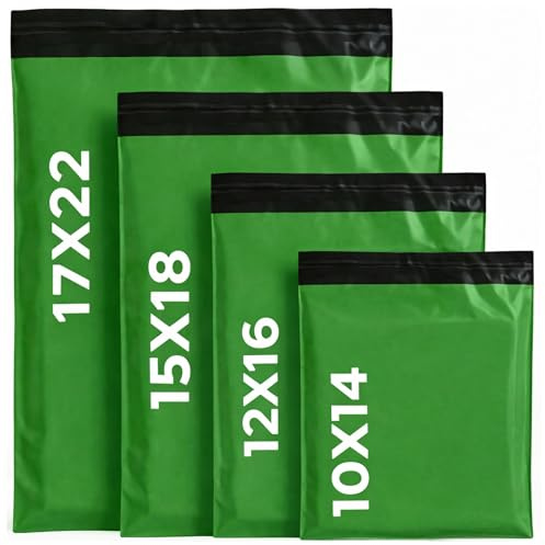 LIVERPOOL ENTERPRISES LTD 100 Mixed Green Parcel Bags – Tamper-Proof Self-Seal Mailing & Postage Bag for Shipping, Packaging & Delivery – 4 Assorted Sizes 25 of Each (XS to Large)