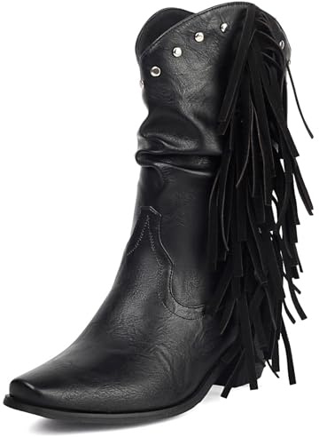 Galindopia DaHerren Cowgirl Stiefel Mid Calf Franse Block High Heel Jahrgang Western Kurze Stiefel Botas de Vaquero para Mujer Pull on Schuhe Black Size 40