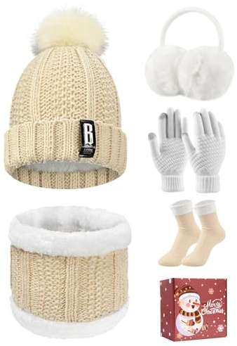 Tuopuda Ensemble Bonnet Écharpe de Doublure Polaire Gants 5 Pièces Tricotés Ensemble de Ski d’Hiver de Femmes Beanie Foulards Cache-Oreilles Chaussettes, Beige Avec Boîte cadeau