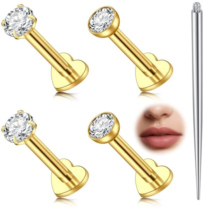 AVYRING Piercing per labret in acciaio inox, 16 g, filettatura interna medusa per labbro, trago, helix, conch, piercing per naso, argento o oro, 8 mm, 5 pezzi, Acciaio inossidabile